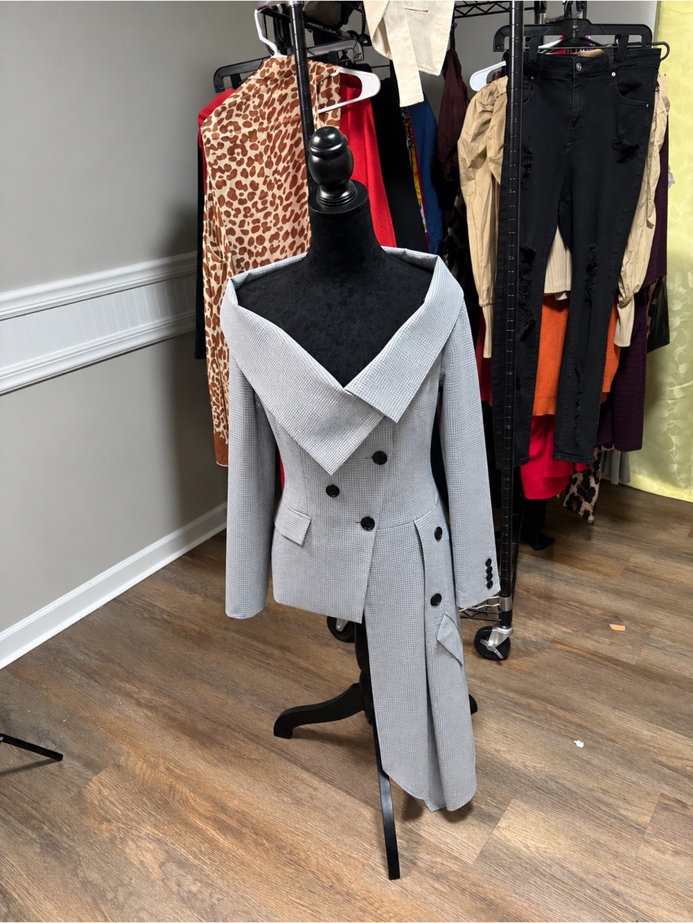 Asymmetric Off-Shoulder Light Gray Double-Breasted Women's Blazer